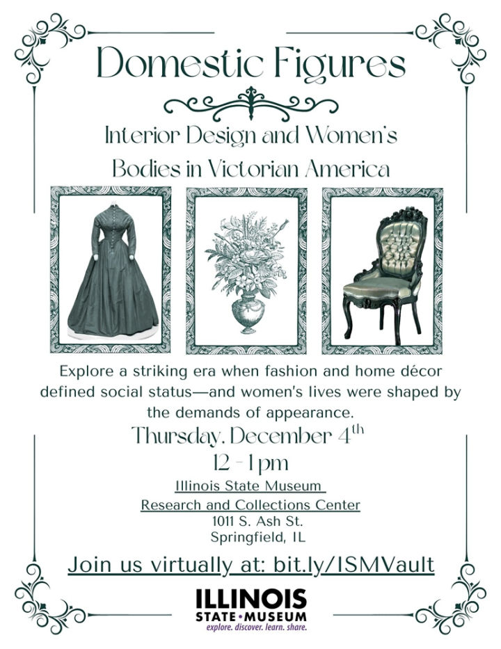 Promotional logo for Domestic Figures event with photograph of a nineteenth century dress, photograph of a historic chair, and a drawing of a bouquet of flowers in a vase
